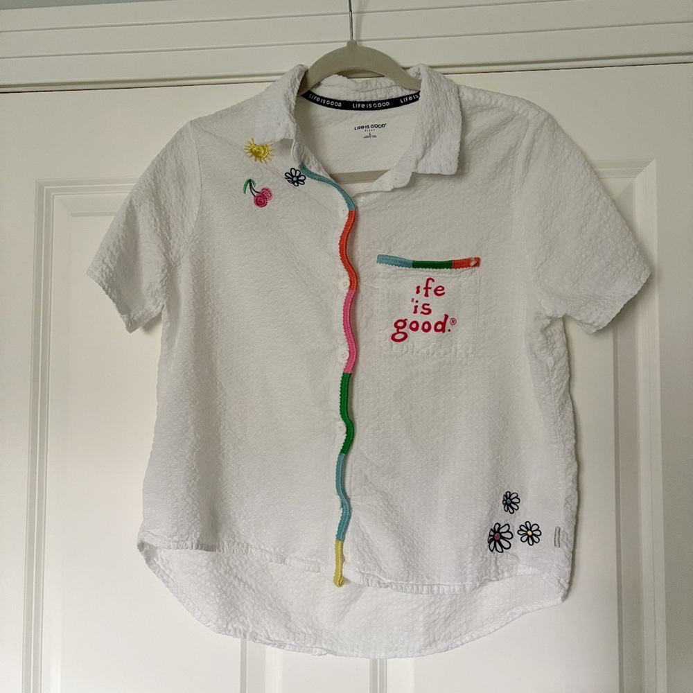 Life Is Good White Button Up with Embroidered Accents